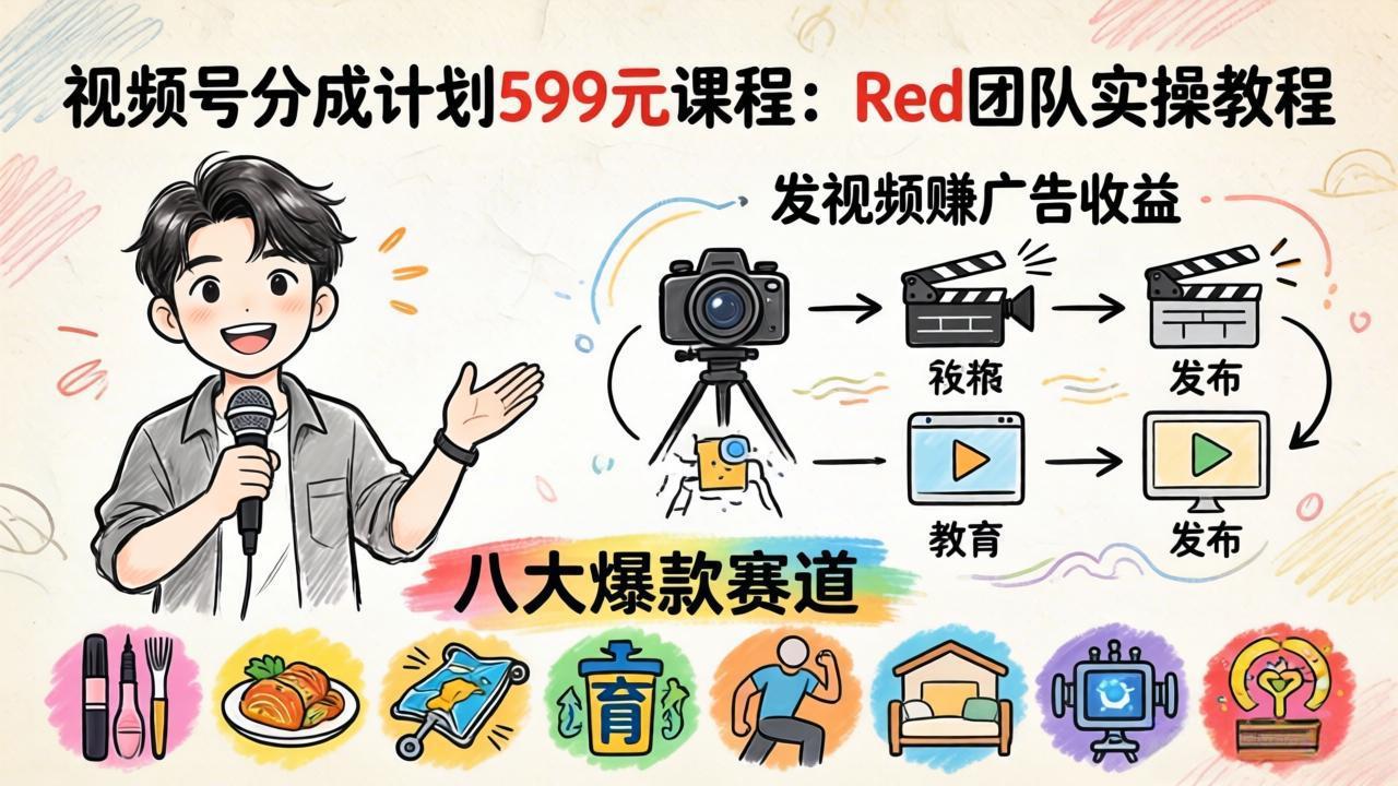 视频号分成计划599元课程：Red团队实操教程，发视频赚广告收益，八大爆款赛道全掌握-多课资源站