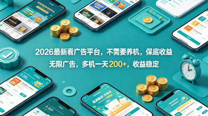 2026最新看广告平台，不需要养机，保底收益，无限广告，多机一天200+，收益稳定【揭秘】-小白项目网