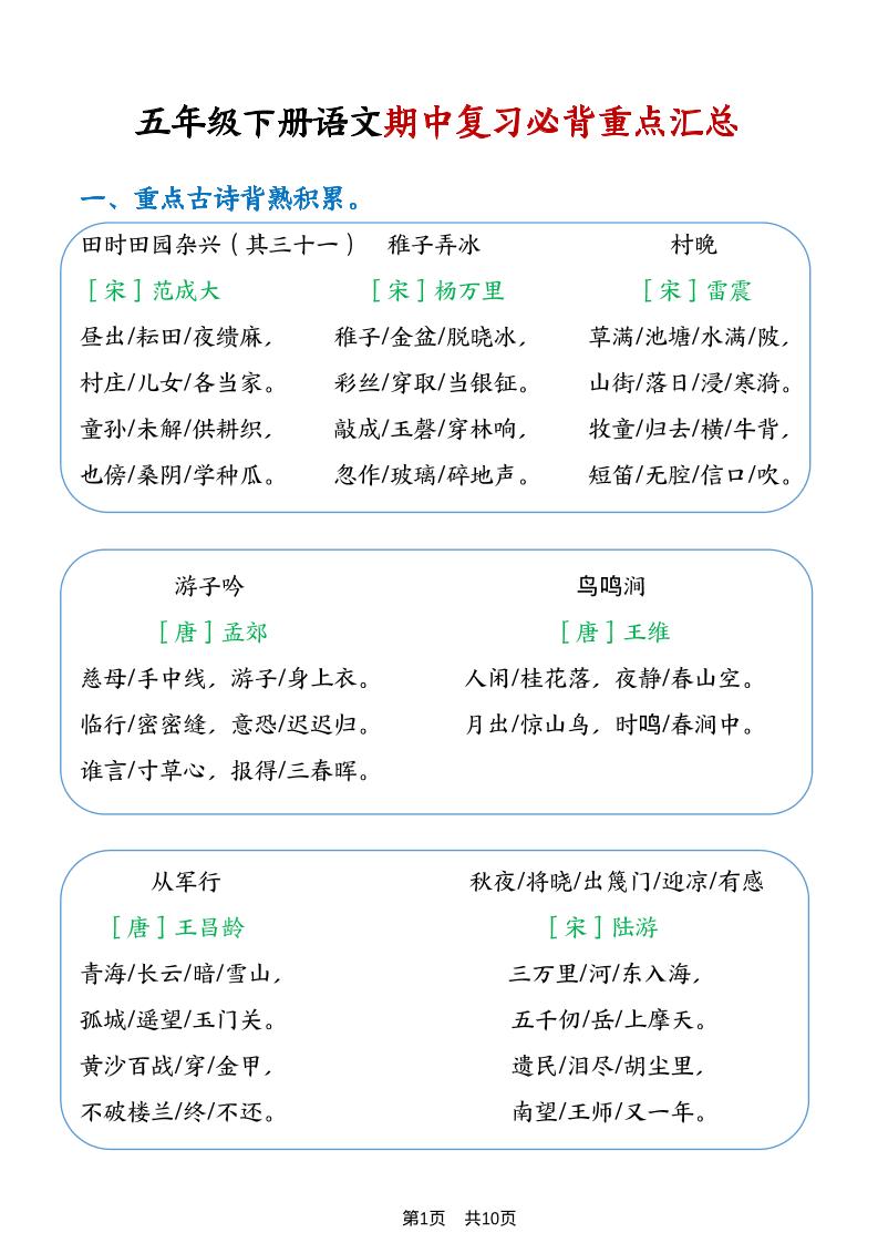 五年级下语文期中复习重点知识点汇总1-90网
