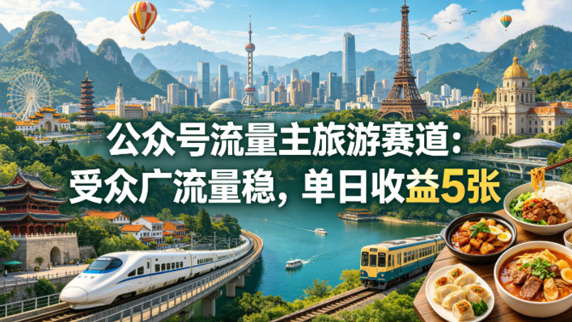 公众号流量主之旅游赛道,受众广+流量稳,平均单日收益5张+-羽桐社资源站