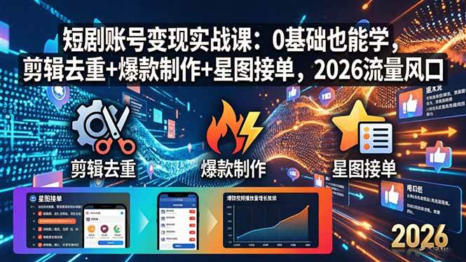 （18160期）短剧账号变现实战课：0基础也能学，剪辑去重+爆款制作+星图接单，2026流量风口-小白项目网