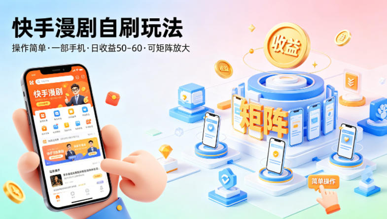 快手漫剧自刷玩法，操作简单，一部手机就可以做，一天50-60收益，可矩阵放大【揭秘】-小白项目网