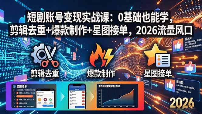 短剧账号变现实战课：0基础也能学，剪辑去重+爆款制作+星图接单，2026流量风口-怪兽网创俱乐部