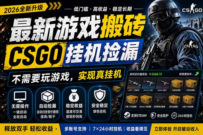 最新游戏搬砖,CSGO纯挂机,不需要玩游戏,实现真挂机,月入1W+,五一小高峰上车可吃肉,…-羽桐社资源站