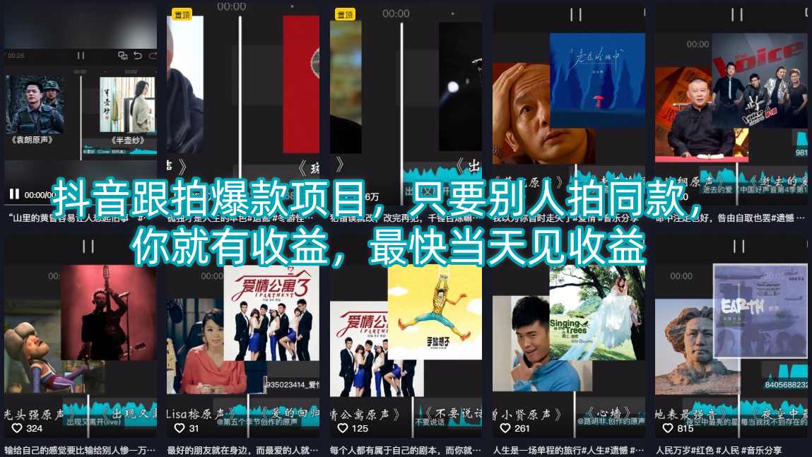 抖音跟拍爆款项目，只要别人拍同款，你就有收益，最快当天见收益-小白项目网
