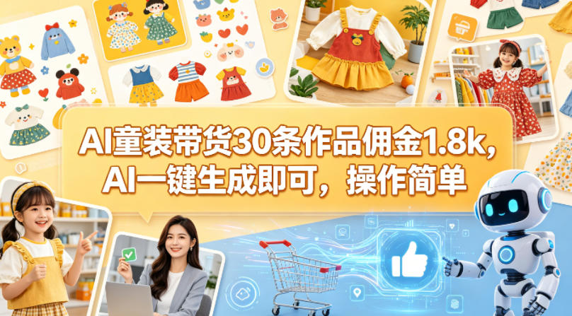 AI童装带货30条作品佣金1.8k,AI一键生成即可,操作简单-90网