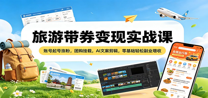 旅游带券变现实战课：账号起号涨粉，团购挂载，AI文案剪辑，零基础轻松副业增收-极栈网络