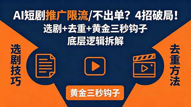 （18253期）AI短剧推广总被限流、不出单？4招选剧+去重技巧+黄金三秒钩子，手把手拆解底层逻辑-小白项目网