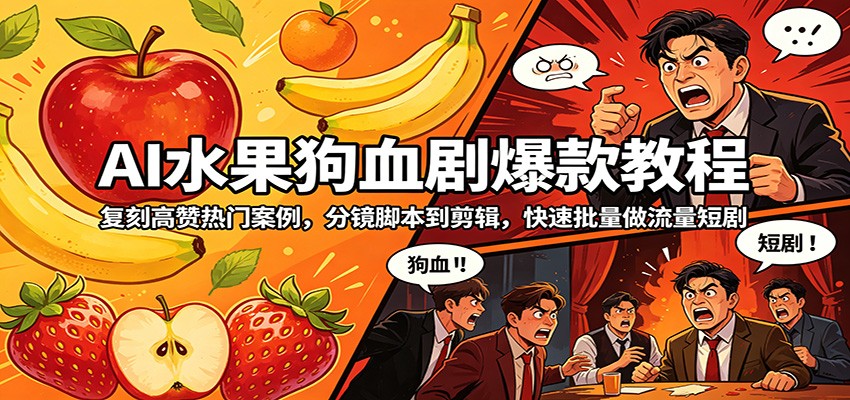 AI水果狗血剧爆款教程：复刻高赞热门案例，分镜脚本到剪辑，快速批量做流量短剧-极栈网络