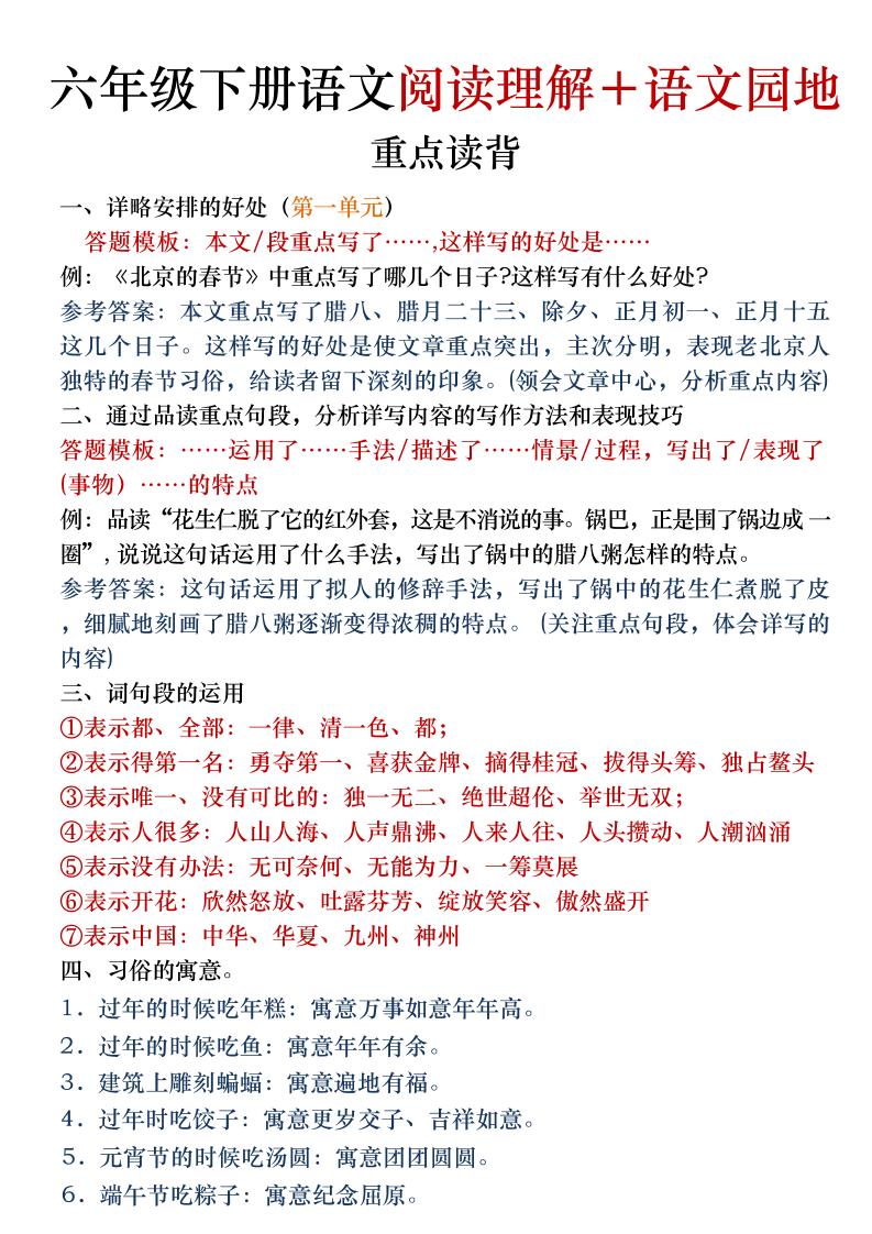 六年级下语文阅读理解＋语文园地专题-90网