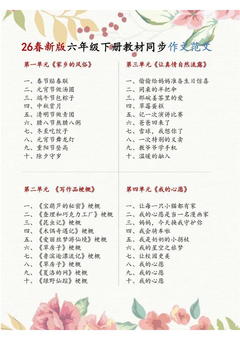 六年级下语文1-8单元同步作文范文-90网