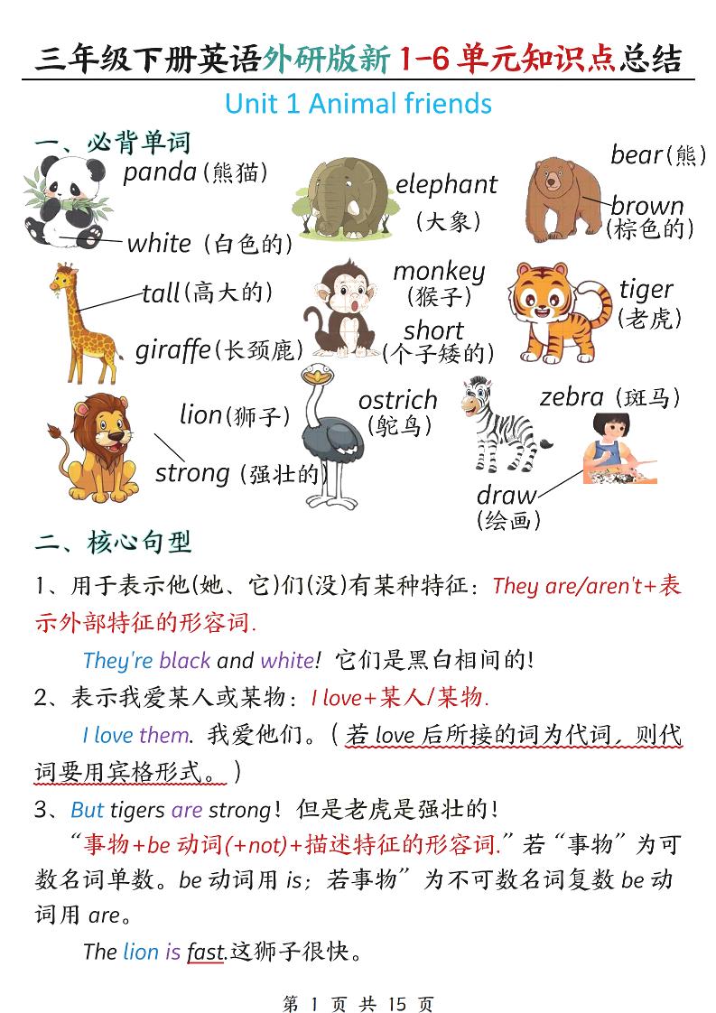 三年级下英语1-6单元必背知识点总结《外研版》-90网