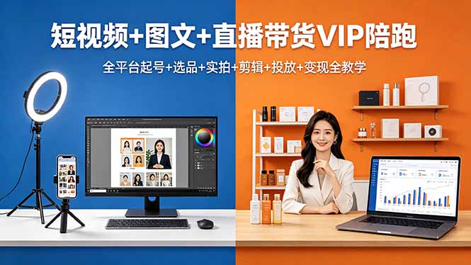 短视频+图文+直播带货VIP陪跑，全平台起号+选品+实拍+剪辑+投放+变现全教学-网创百晓生