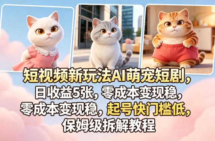 短视频新玩法AI萌宠短剧，日收益5张，零成本变现稳，起号快门槛低，保姆级拆解教程-小白项目网