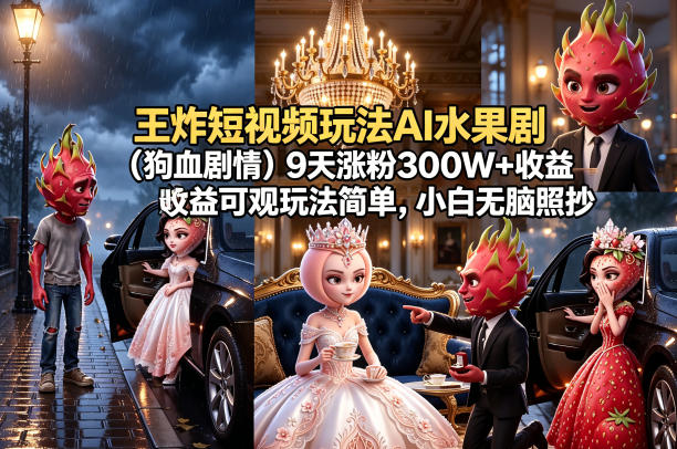 王炸短视频玩法AI水果剧(狗血剧情)9天涨粉300W+收益可观玩法简单,小白无脑照抄,详细拆解玩法-90网