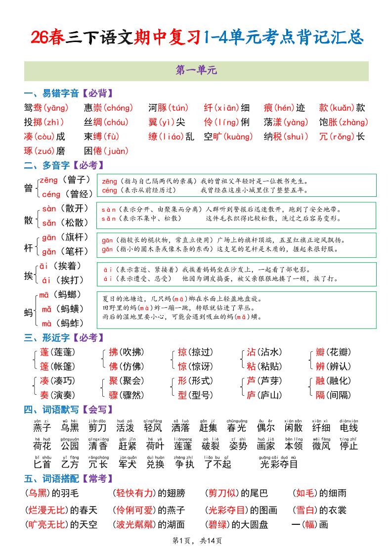 三年级下语文期中复习1-4单元考点背记汇总-90网