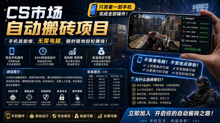 手机即可操作的CS市场自动搬砖系统｜自动监控｜自动下单|日入300+【揭秘】-小白项目网