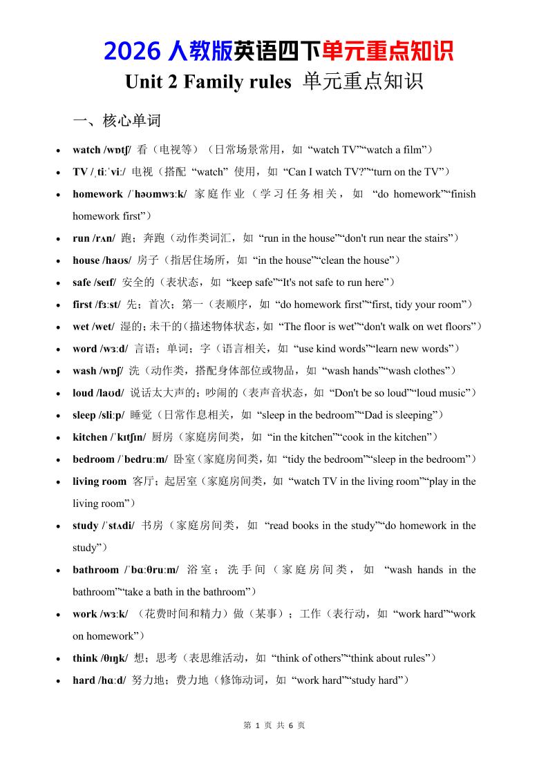 四年级下英语Unit2重点知识汇总《人教版PEP》-90网