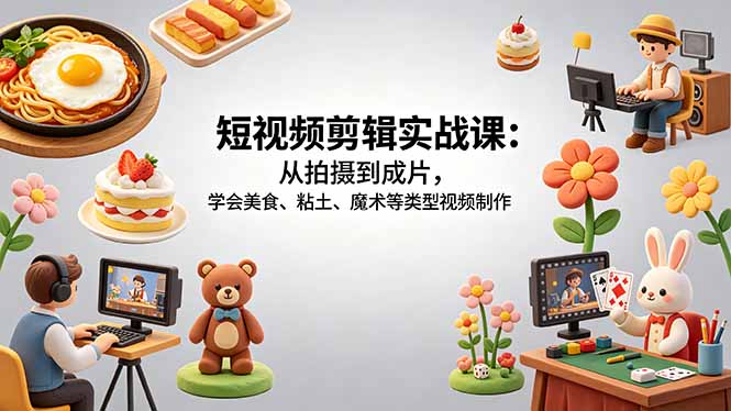 短视频剪辑实战课：从拍摄到成片，学会美食、粘土、魔术等类型视频制作-网创百晓生