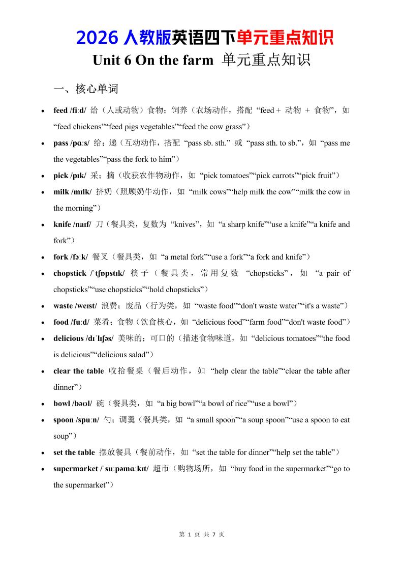 四年级下英语Unit6重点知识汇总《人教版PEP》-90网
