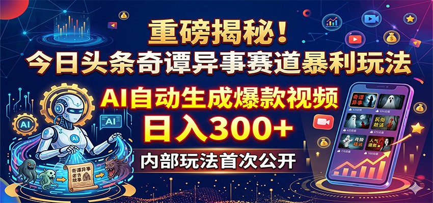 重磅揭秘!今日头条奇谭异事赛道暴利玩法:AI自动生成爆款视频,日入300+-优优云网创