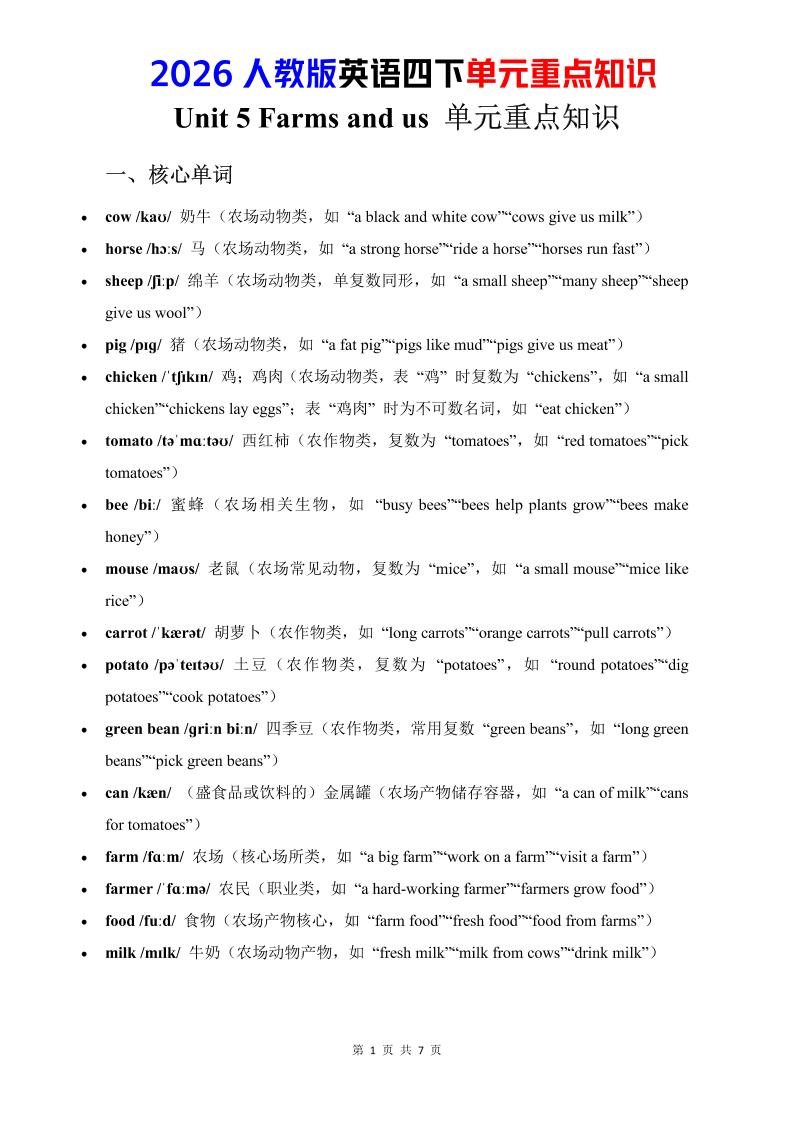 四年级下英语Unit5重点知识汇总《人教版PEP》-柒柒资源网