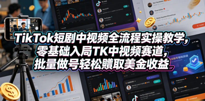 TikTok短剧中视频全流程实操教学，零基础入局TK中视频赛道，批量做号轻松賺取美金收益-90网