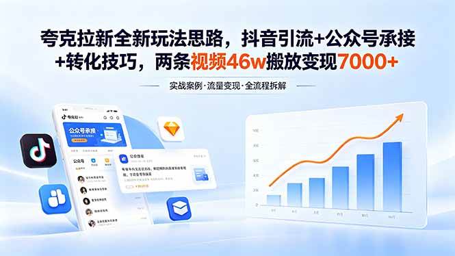 (18416期)夸克拉新全新玩法思路,抖音引流+公众号承接+转化技巧,两条视频46w搬放 变现7000+-邪修侠 - 演示