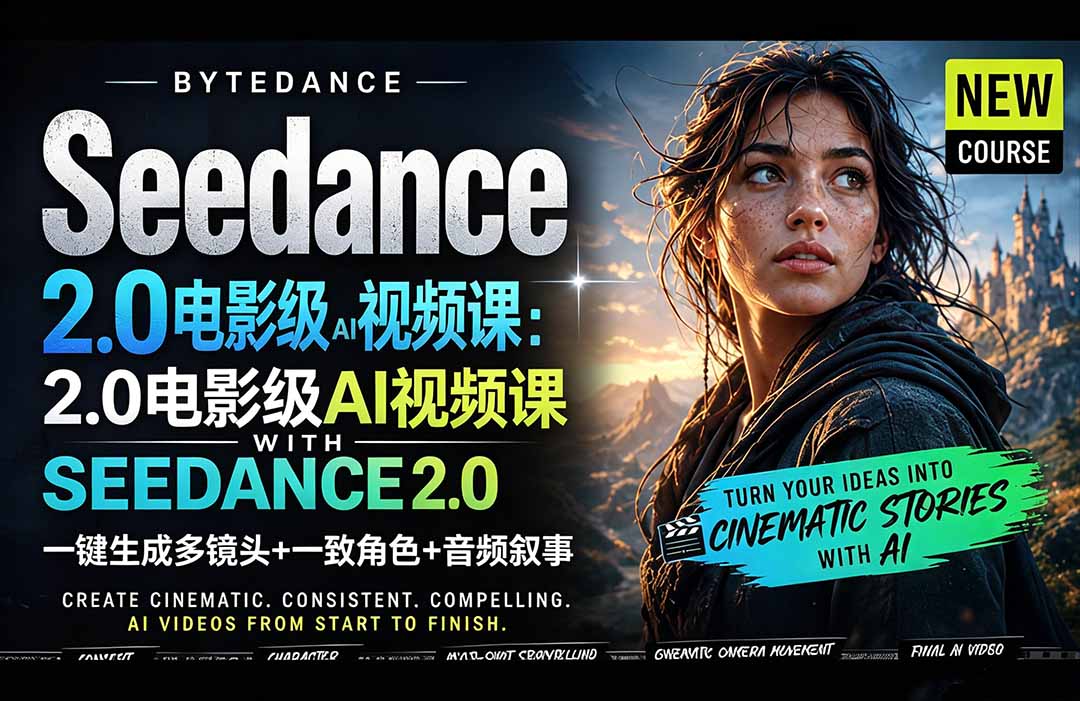 Seedance 2.0电影级AI视频课：一键生成多镜头+一致角色+音频叙事-多课资源站