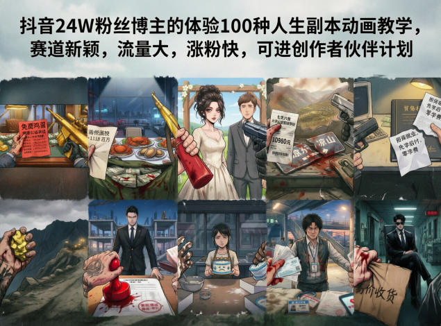 抖音24W粉丝博主的体验100种人生副本动画教学，赛道新颖，流量大，涨粉快，可进创作者伙伴计划-怪兽网创俱乐部