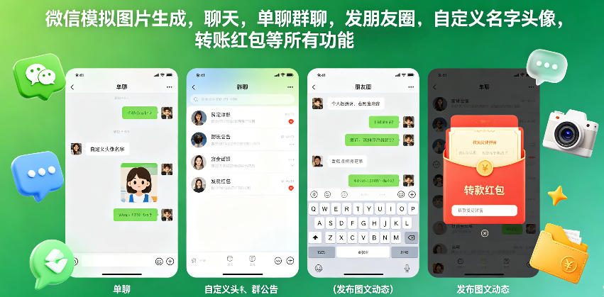 微信模拟图片生成，聊天，单聊群聊，发朋友圈，自定义名字头像，转账红包等所有功能都可以生成-怪兽网创俱乐部