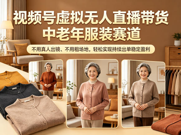 视频号虚拟无人直播带货中老年服装赛道，不用真人出镜、不用租场地，轻松实现持续出单稳定盈利-怪兽网创俱乐部