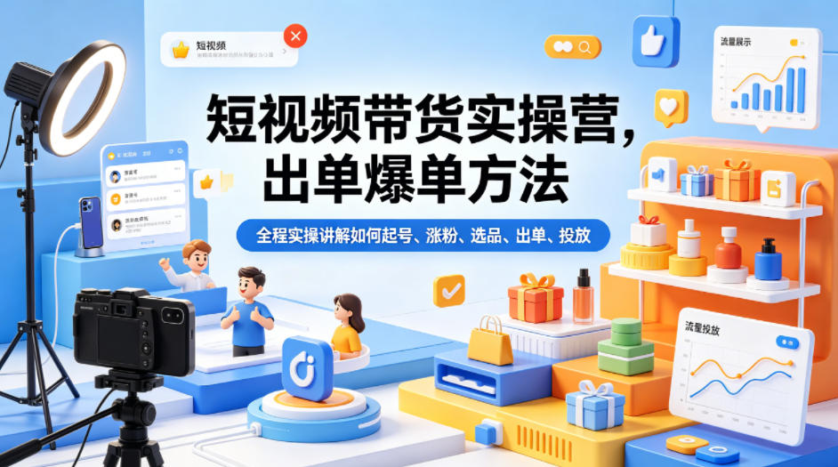 短视频带货实操营，出单爆单方法，全程实操讲解如何起号、涨粉、选品、出单、投放（更新0515）-小白项目网