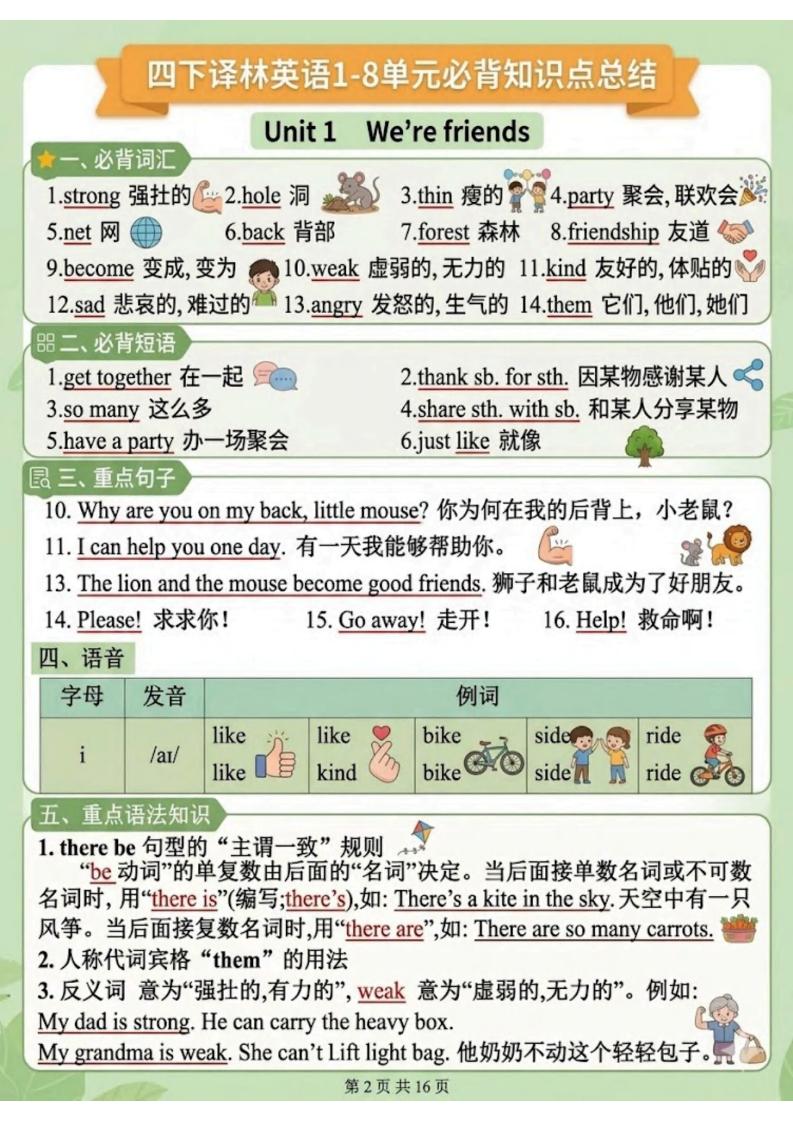 四年级下英语1-8单元知识点汇总《译林版》