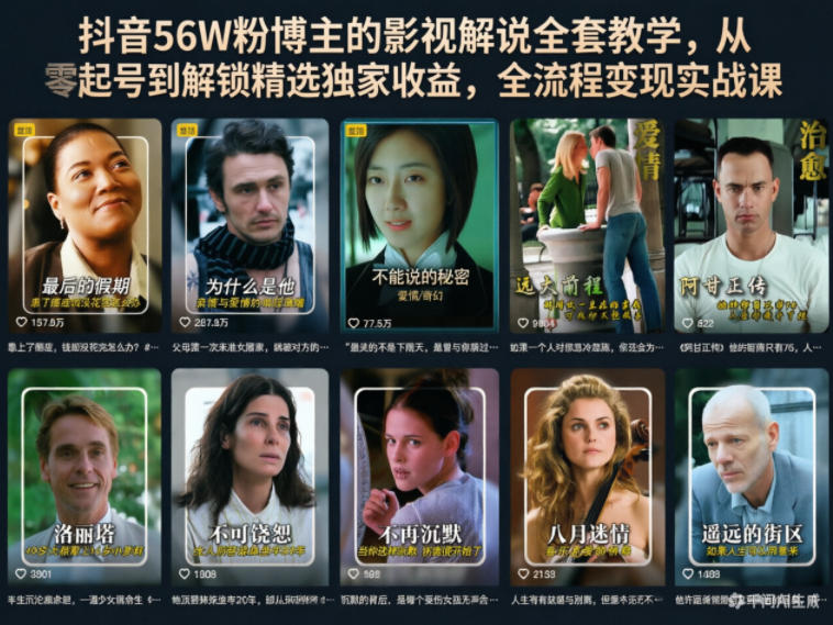 抖音56W粉博主的影视解说全套教学，从零起号到解锁精选独家收益，全流程变现实战课-小栈博客