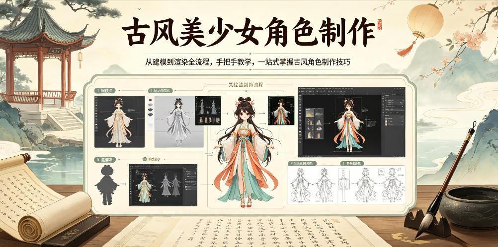 古风美少女角色制作，从建模到渲染全流程，手把手教学，一站式掌握古风角色制作技巧-怪兽网创俱乐部
