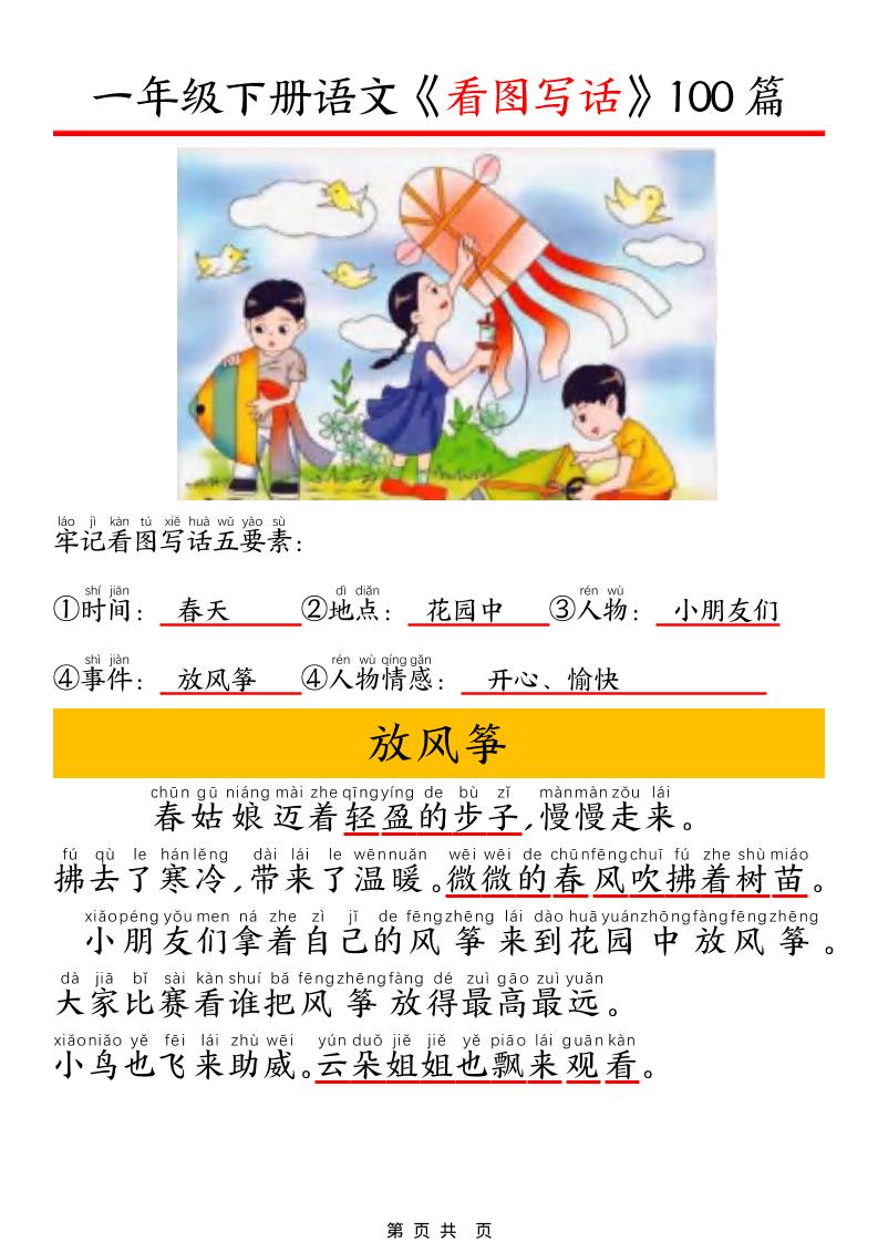 一年级下语文看图写话五要素训练-学霸数字文库