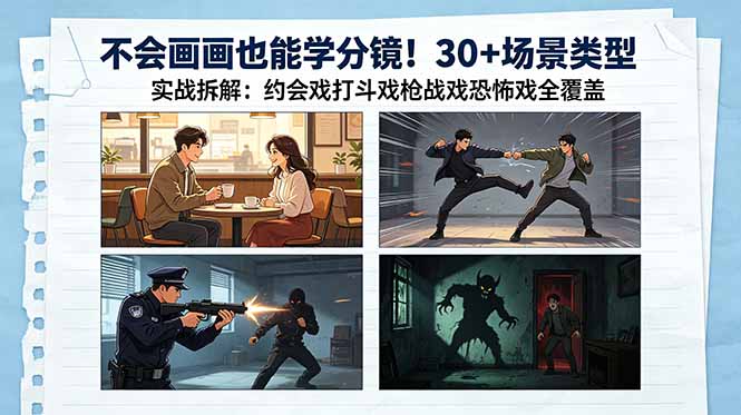 不会画画也能学分镜！30+场景类型实战拆解：约会戏打斗戏枪战戏恐怖戏全覆盖-网创百晓生