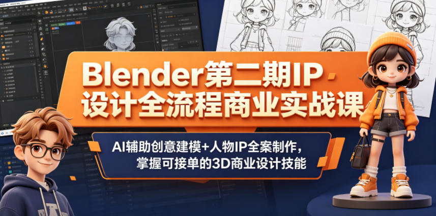 Blender第二期IP设计全流程商业实战课,AI辅助创意建模+人物IP全案制作,掌握可接单的3D商业设计技能-90网