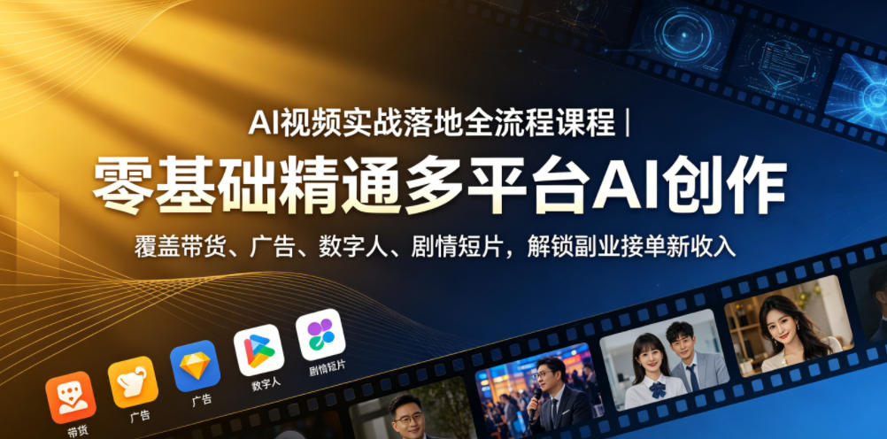 AI视频实战落地全流程课程|零基础精通多平台AI创作,覆盖带货、广告、数字人、剧情短片,解锁副业接单新收入-优优云网创