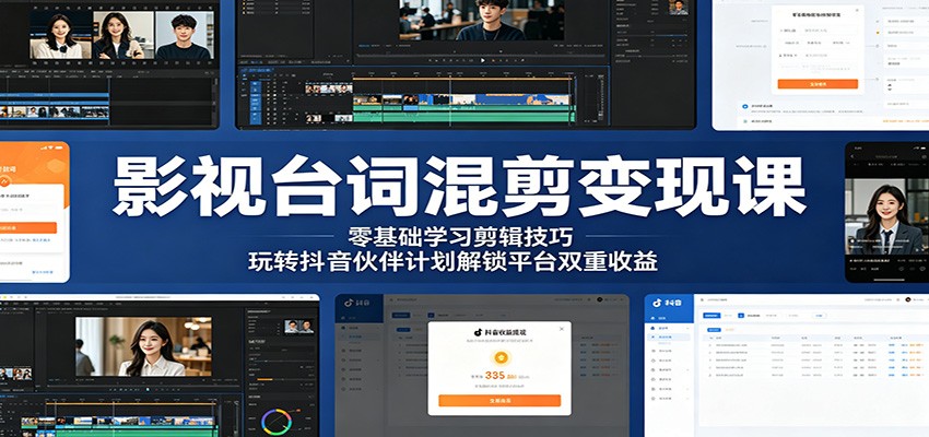 影视台词混剪变现课：零基础学习剪辑技巧，玩转抖音伙伴计划解锁平台双重收益
