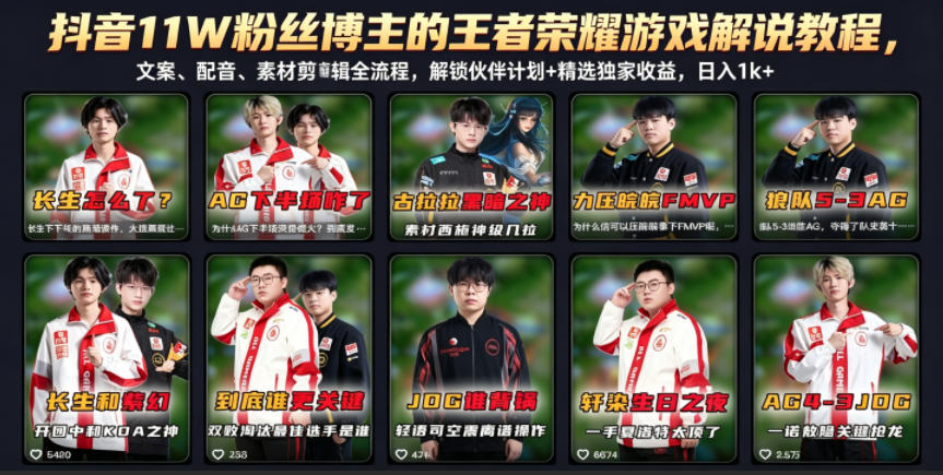 抖音11W粉丝博主的王者荣耀游戏解说教程，文案、配音、素材剪辑全流程，解锁伙伴计划+精选独家收益，日入1k+-怪兽网创俱乐部