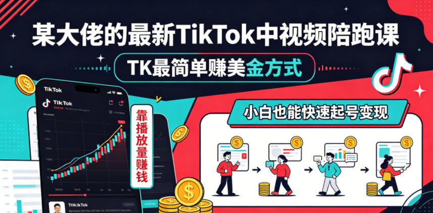 某大佬的最新TikTok中视频陪跑课，TK最简单賺美金方式，靠播放量賺钱，小白也能快速起号变现-小栈博客