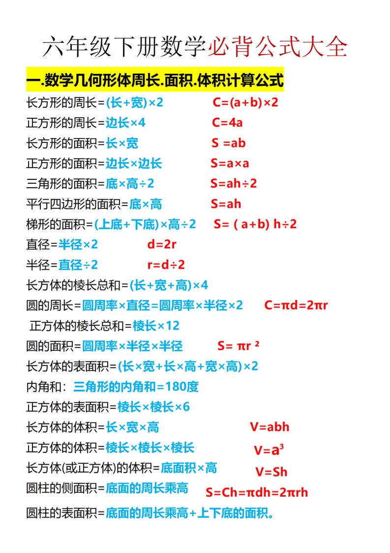 六年级下数学期末必背公式大全-学霸数字文库