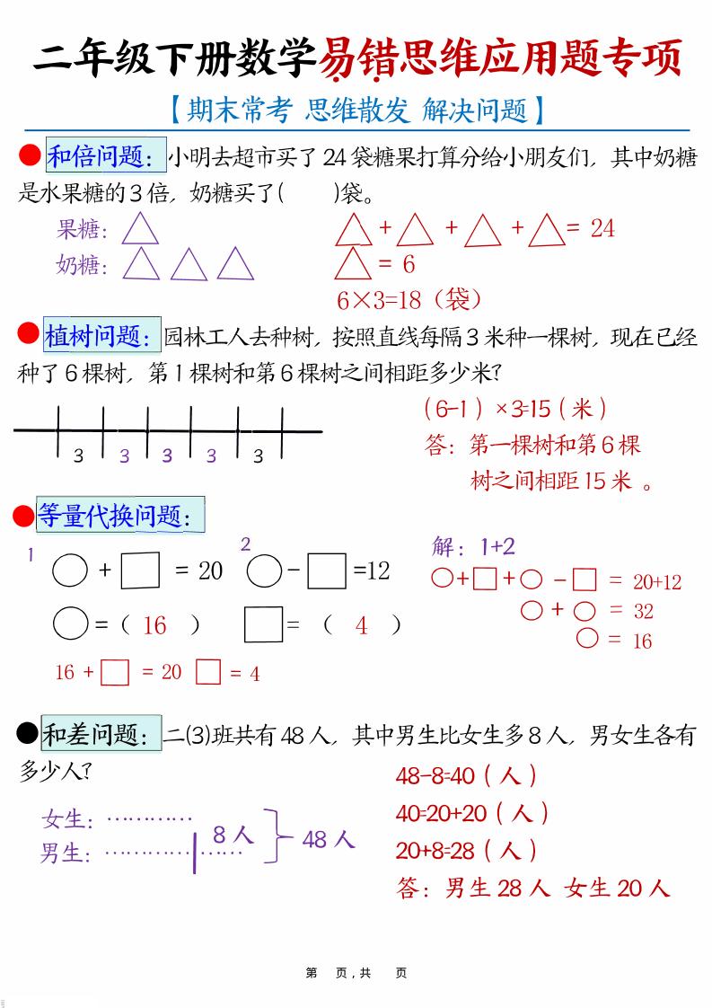 二年级下数学易错思维应用题专项训练-学霸数字文库