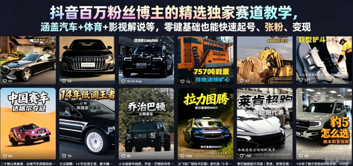 抖音百万粉丝博主的精选独家赛道教学，涵盖汽车+体育+影视解说等，零基础也能快速起号、涨粉、变现-小白项目网