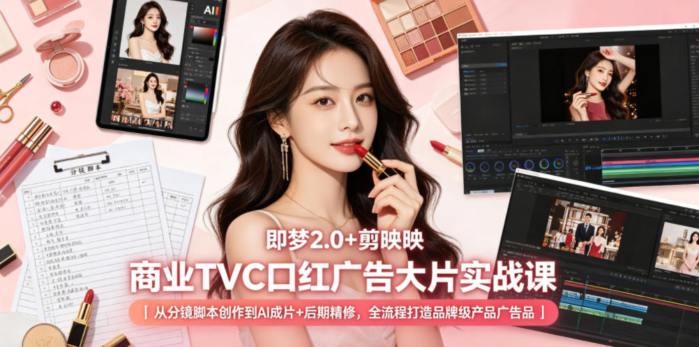 即梦2.0+剪映商业TVC口红广告大片实战课｜从分镜脚本创作到AI成片+后期精修，全流程打造品牌级产品广告-羽桐社资源站
