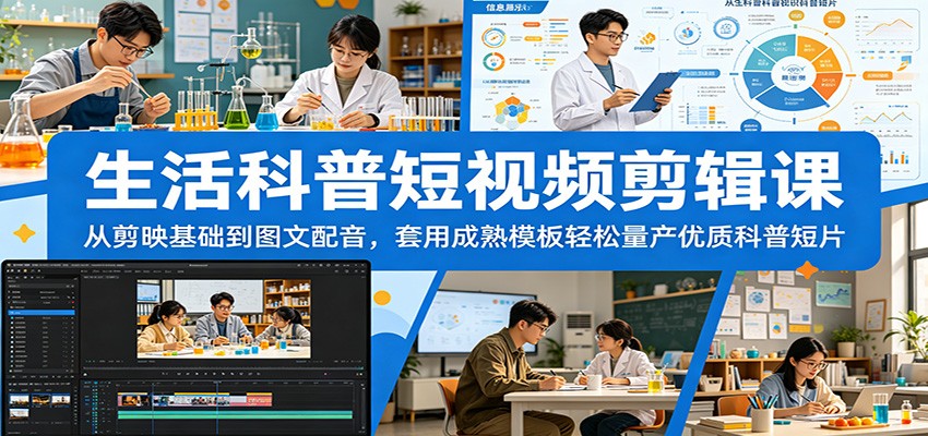 生活科普短视频剪辑课：从剪映基础到图文配音，套用成熟模板轻松量产优质科普短片-多课资源站