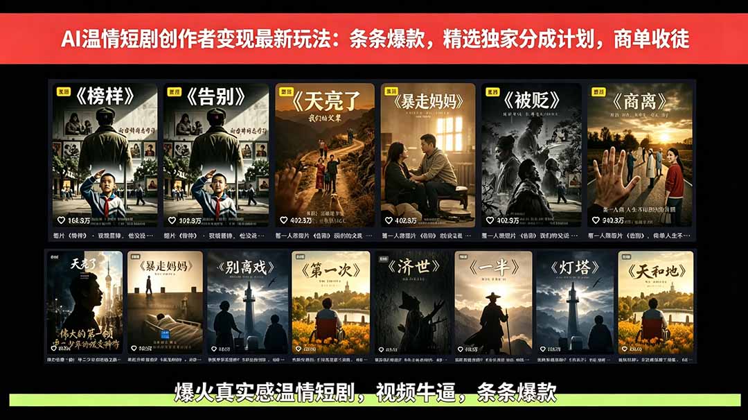AI温情短剧创作者变现最新玩法：视频牛逼，条条爆款，精选独家分成计划，商单收徒-小白项目网