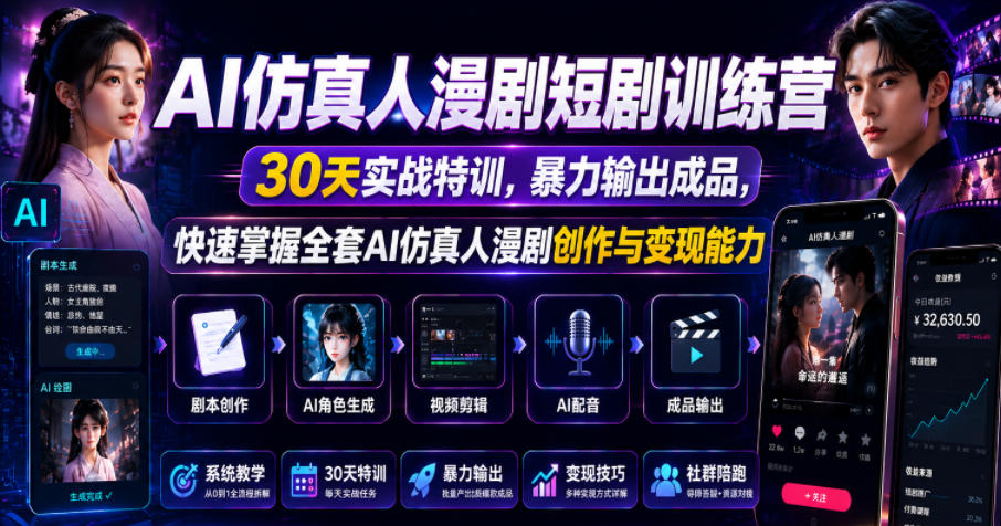 AI仿真人漫剧短剧训练营，30天实战特训，暴力输出成品，快速掌握全套AI仿真人漫剧创作与变现能力-怪兽网创俱乐部